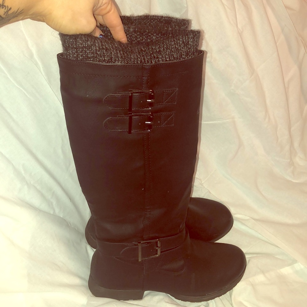 JustFab “Rubie” boots built in grey sweater cuff